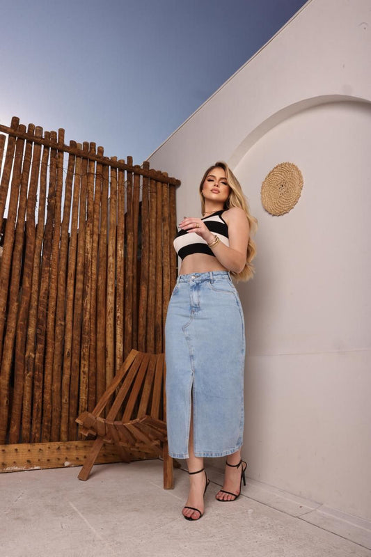 Saia Feminina Jeans Midi Fenda Raeli
